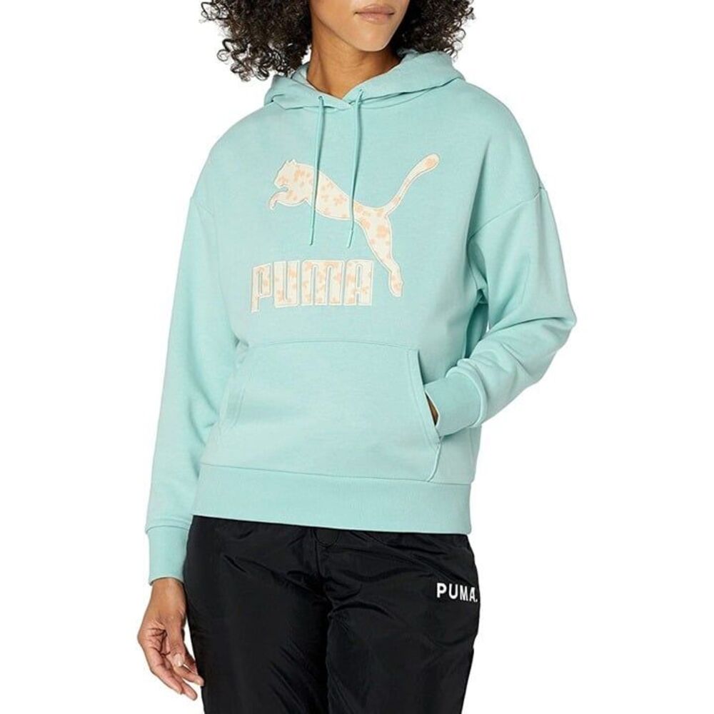 Puma Womens Top Eggshell Blue L Floral Graphic Logo Hoodie Sweatshirt New
